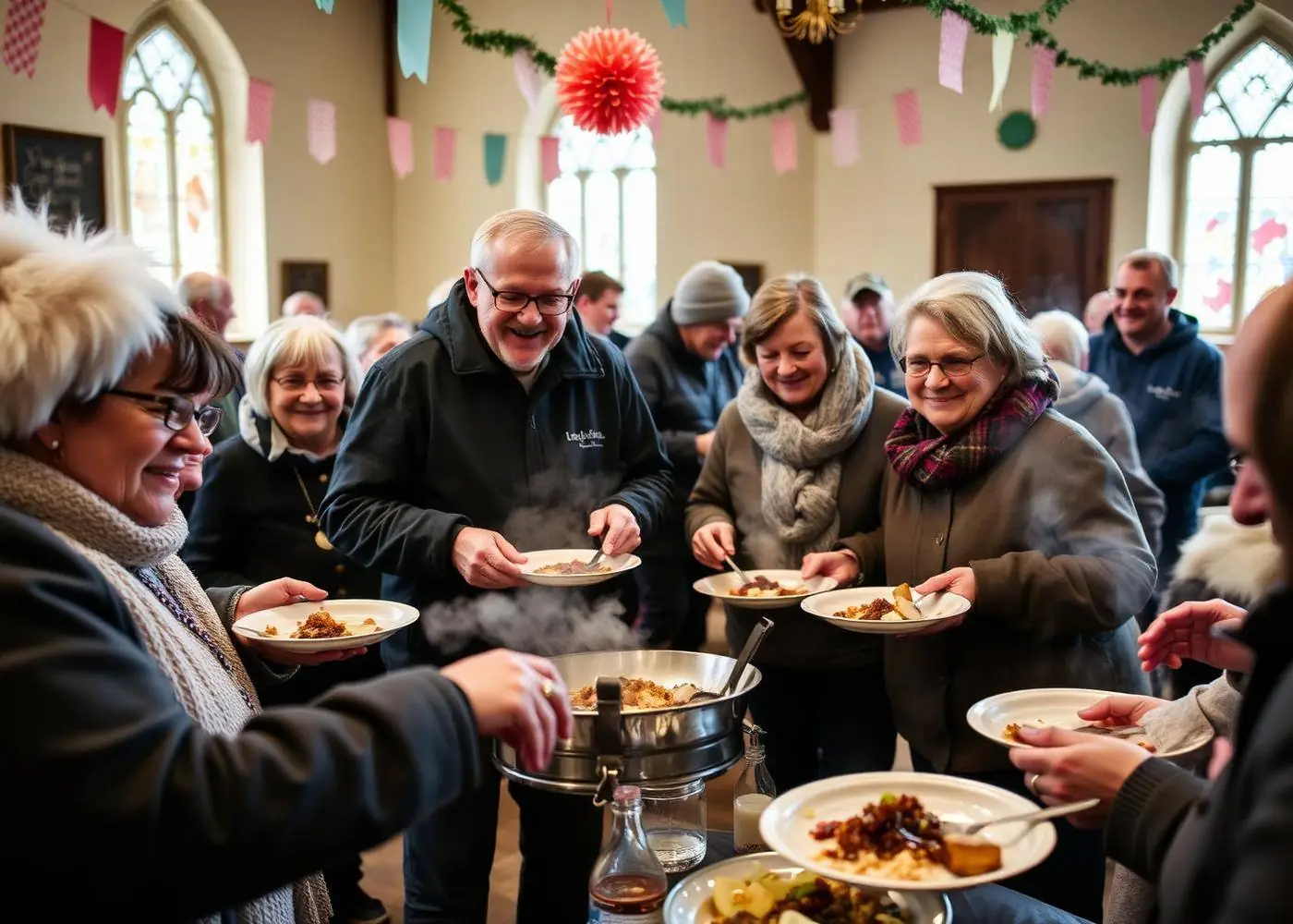 Volunteers serving a community Christmas dinner