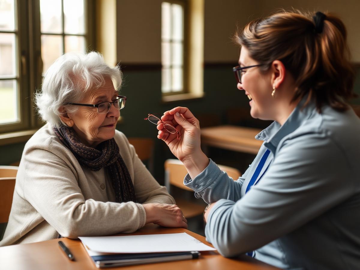 A volunteer fitting donated spectacles for an older woman at a community hall